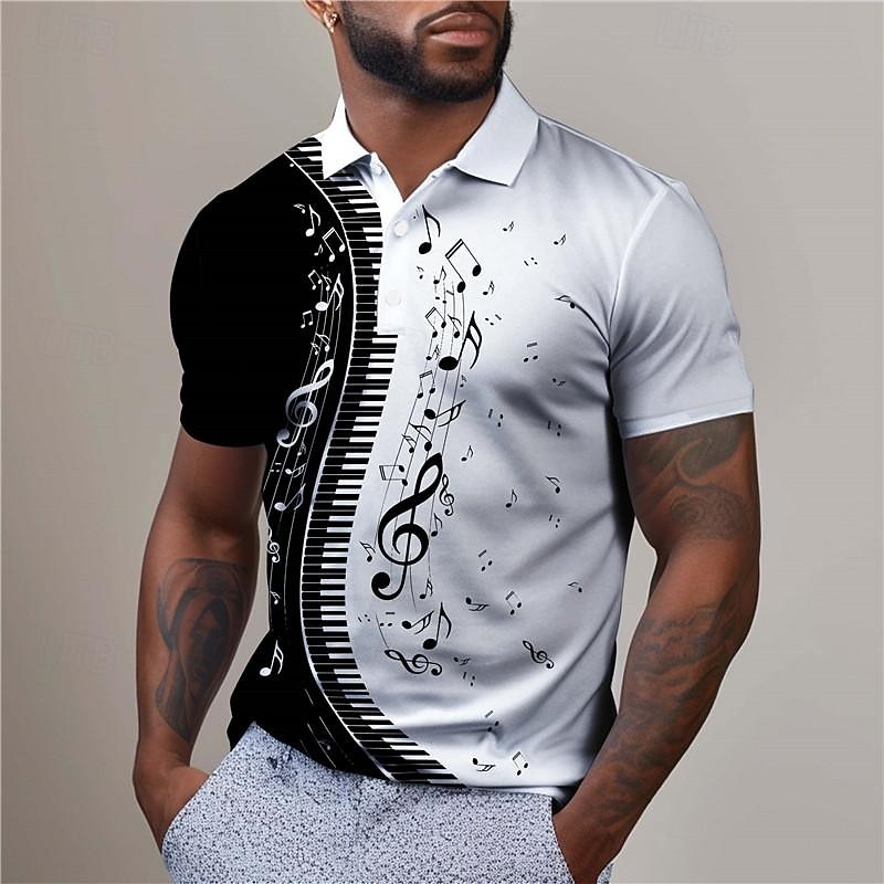 Music Festival Men's Music Golf Shirt Short Sleeve Polo Shirts Collared Shirts Casual Vacation Wear Festival Wear Party Outfits Buttons 3D Print Summer White Blue Purple