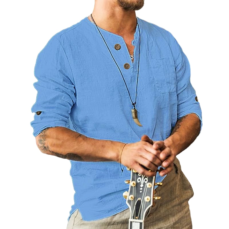 Men's Shirt Linen Shirt Band Collar Shirt Summer Shirt Beach Wear Plain Casual Daily White Blue Khaki Long Sleeve Collar Spring & Summer Clothing Apparel2
