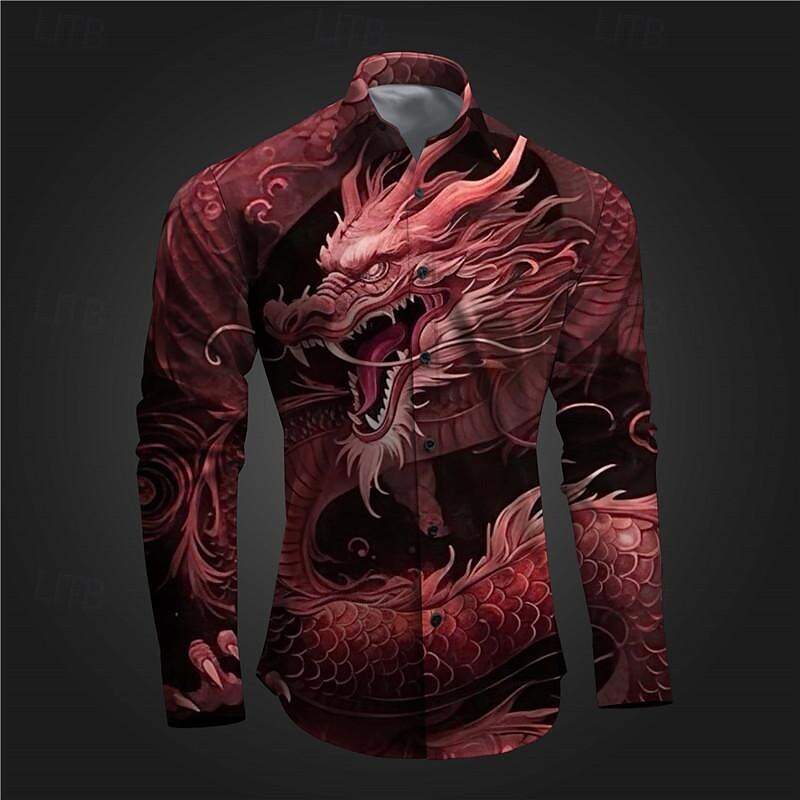 Men's Dragon Shirt Button Up Shirt Long Sleeve Abstract Subcultural Daily Wear Going out Spring Turndown Print Button-Down Yellow Red Blue Purple4