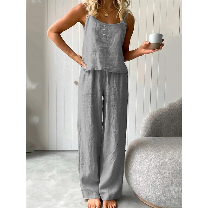 Women's Pajamas Two Piece Sets Simple Basic Comfort Pure Color Cotton Linen Sets Strap Top Home Daily Bed Sleeveless Straps White Blue Light Grey Dark Gray Summer4