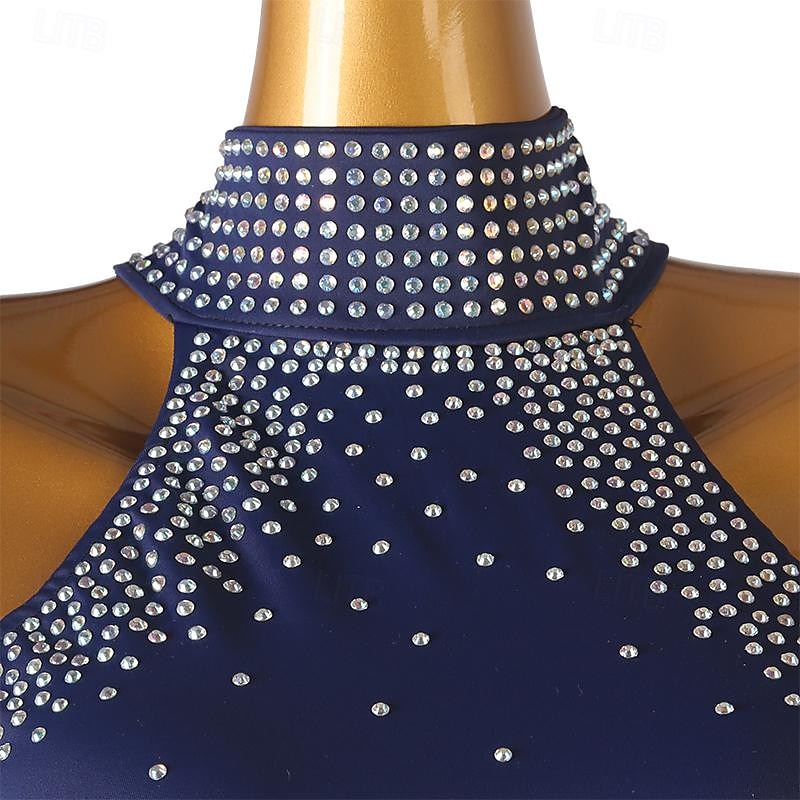 Dance Salsa Latin Dance Dress Rhinestone Women's Girls' Performance Training Sleeveless High Chiffon Spandex4