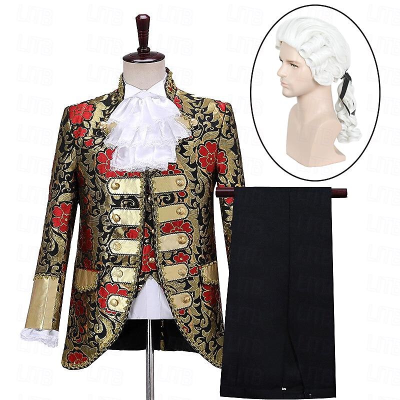 Set with Prince Aristocrat Vintage Medieval Renaissance Pants Outfits Suits Lawyer Curly Wig 2 PCS Men Retro Cosplay Cravat Halloween Masquerade Party