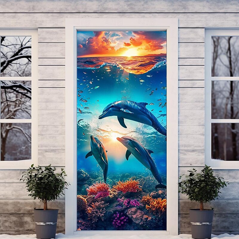 Animal Dophin Door Covers Mural Decor Door Tapestry Door Curtain Decoration Backdrop Door Banner Removable for Front Door Indoor Outdoor Home Room Decoration Farmhouse Decor Supplies4
