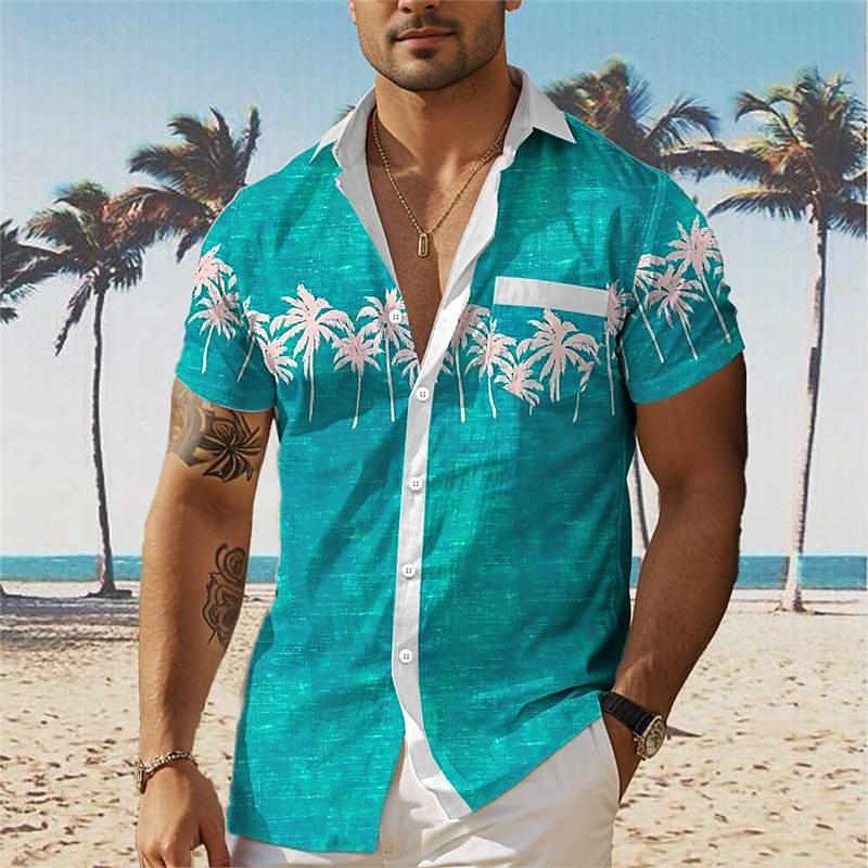 Men's Palm Tree Tropical Plants Summer Hawaiian Shirt Aloha Shirt Printed Shirts Short Sleeves Shirt Turndown Hawaiian Resort Outdoor Vacation Holiday Dark Navy Blue Orange S M L4