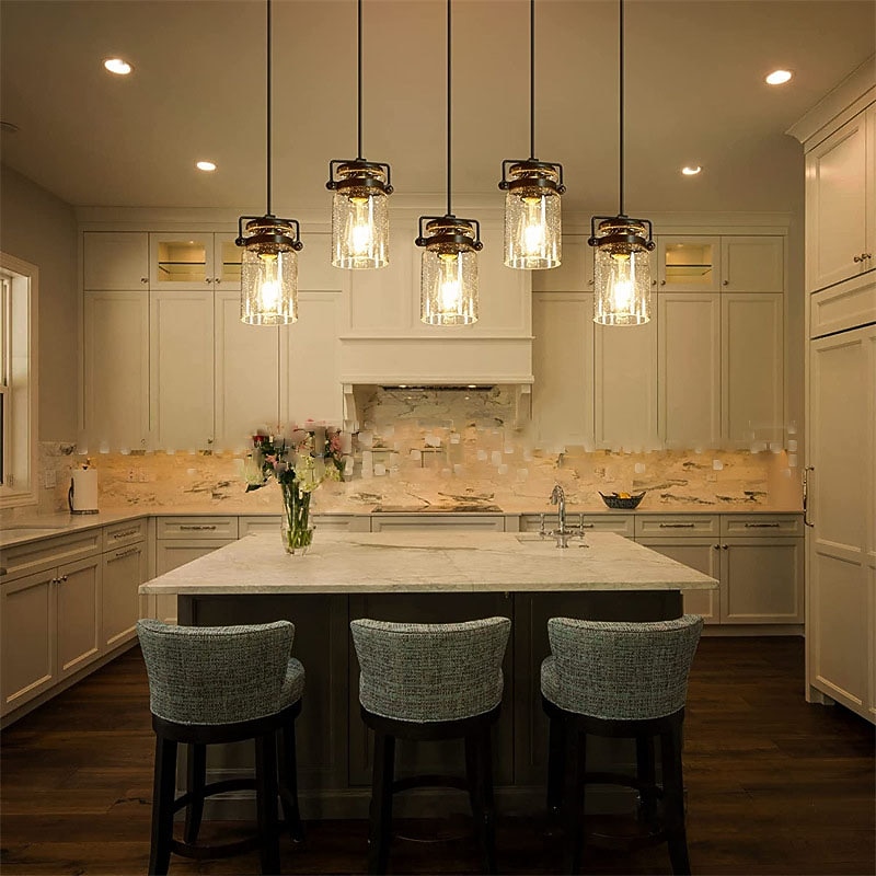 Pendant Lighting for Kitchen Island, 1/3/5-Light Dining Room Light Fixtures Hanging Linear Chandeliers, Farmhouse Chandeliers for Dining Room Pendant Light Fixtures Matte Black Finish with Glass Shades3