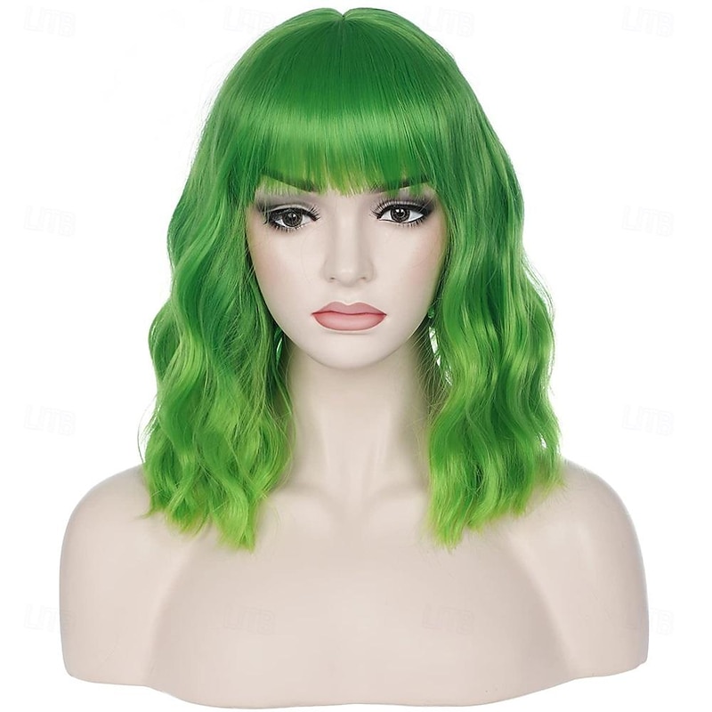 14 Inches Green Ombre Wig with Bangs Women Girls Short Curly Wavy Bob Wig Shoulder Synthetic Carnival Party Wigs St.Patrick's Day Wigs