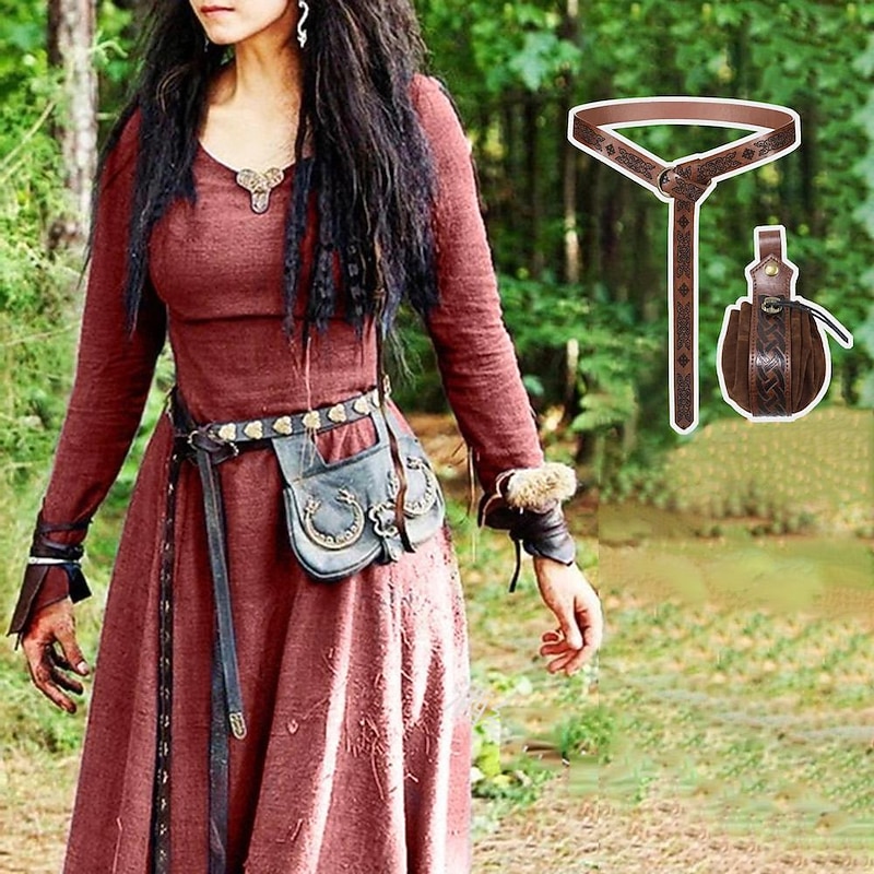 Retro Vintage Medieval Renaissance Dress Cosplay Costume Waist Belt Viking Outlander Ranger Fancy Dress Women's Celtic Viking Halloween Carnival Masquerade Halloween LARP Ren Faire Adults' Dress Bag3