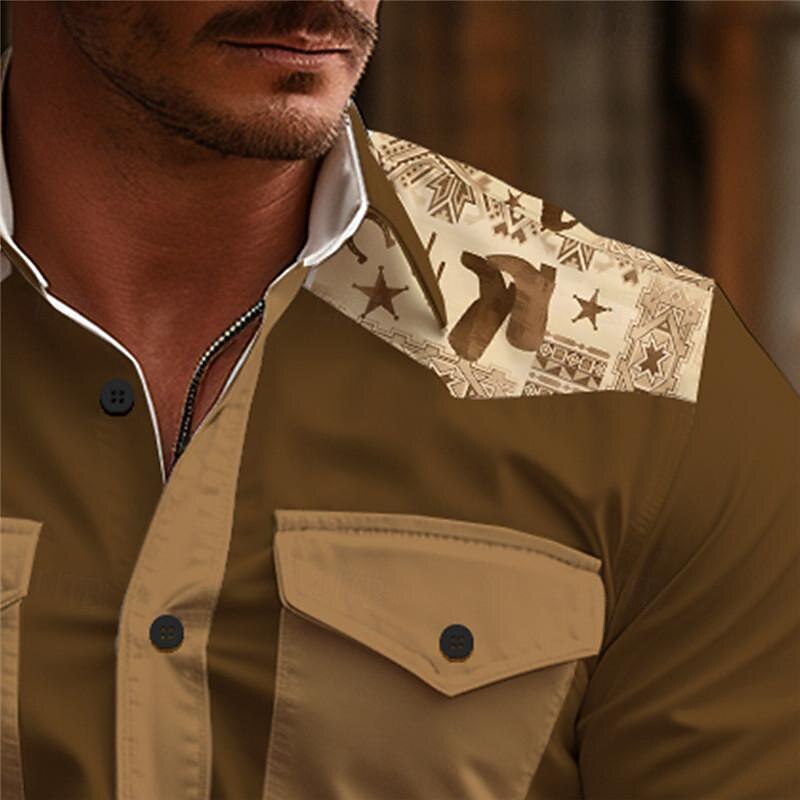 Men's Aztec Tribal Ethnic Western Shirt Cowboy Shirt Long Sleeve Vintage Western Style Daily Wear Going out Weekend Spring & Summer Turndown Pocket Print Button-Down Navy Blue Brown Coffee3