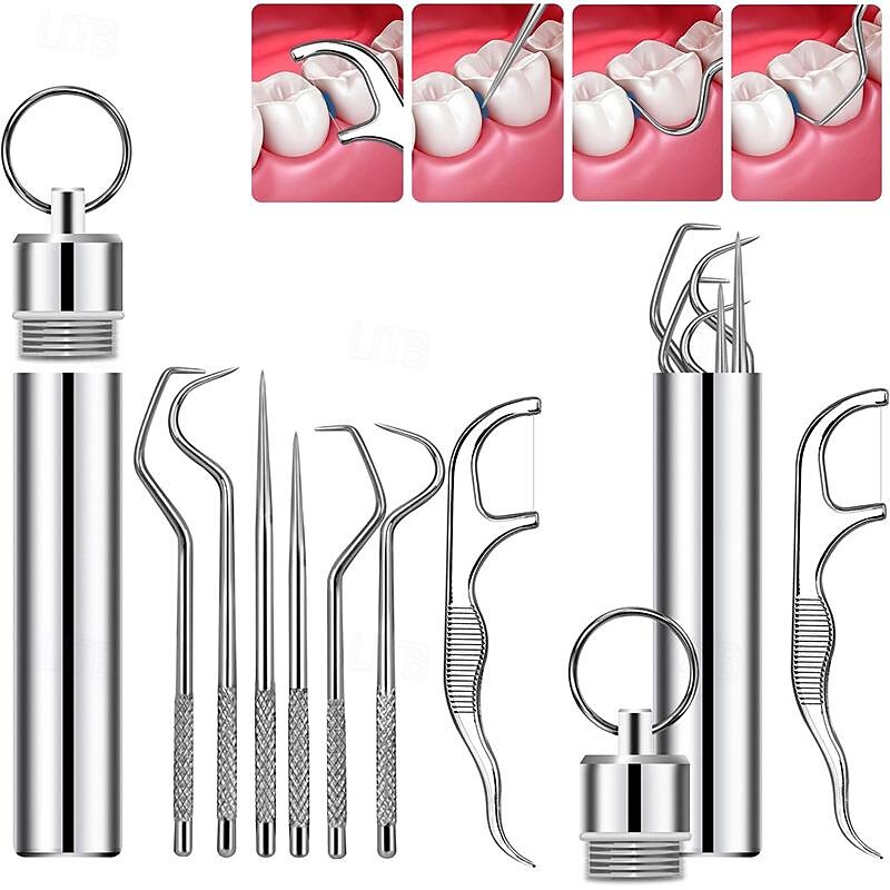 Portable Stainless Steel Toothpicks Pocket Set Reusable Metal Toothpicks Cleaning Kit with Holder for Outdoor Picnic Camping Traveling