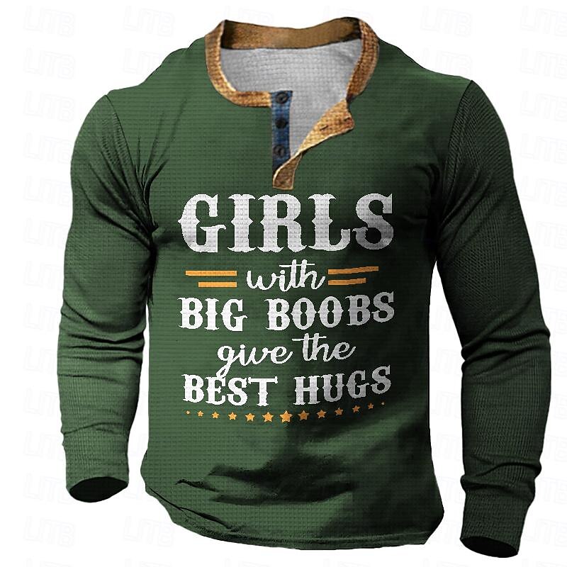 Men's Black Long Sleeve Graphic Tee with 'Girls with Big Boobs Give the Best Hugs' Print, Funny Relationship Humor Top4