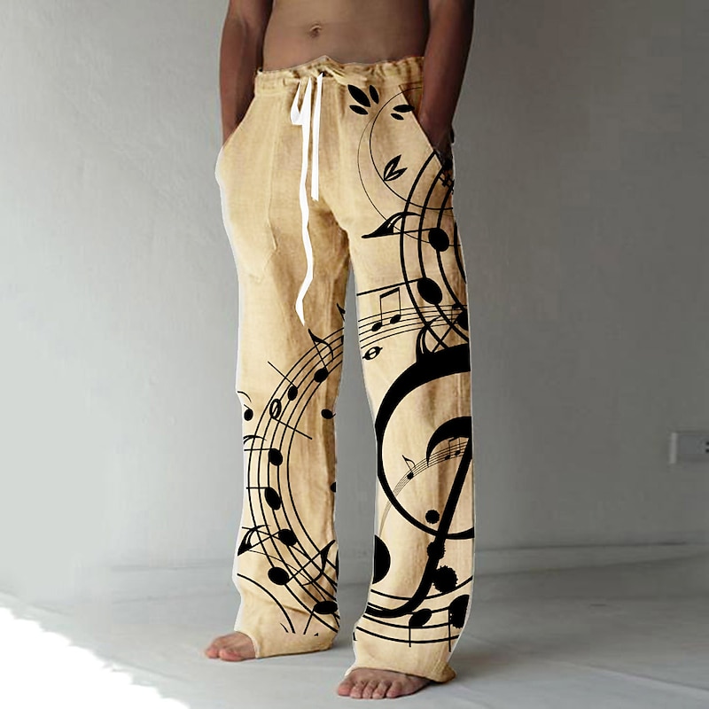 Men's Graphic Prints Musical Instrument Linen Pants Trousers Summer Pants Mid Waist Fashion Streetwear Big and Tall Casual Daily Elastic Drawstring Design Front Pocket Straight Leg Spring & Summer 3D3