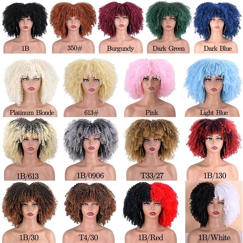 Afro Kinky Curly Wig with Bangs 12 Inches Synthetic Full Wigs Heat Resistant Short Kinky Curly Wigs for Daily Party Halloween Wigs3