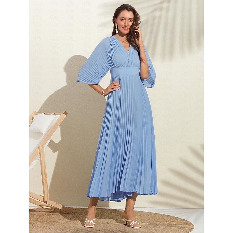 Women's Wedding Guest Dress Maxi Blue V-Neck Dolman Sleeve Pleated Chiffon
