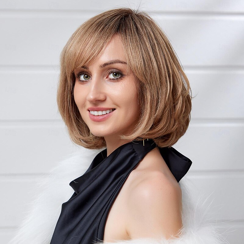 Human Hair Blend Wig Short Natural Straight Pixie Cut Side Part Layered Haircut Asymmetrical Brown Cosplay Curler & straightener Natural Hairline Capless Brazilian Hair Women's All Medium Brown 124