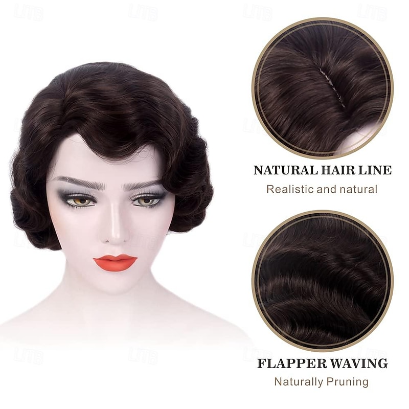 Brown Short 20s Wigs for Women Finger Wave Natural Synthetic Hair Wig for Women Lady Ladies Cosplay Anime Party Costume Anime Flapper Wig Halloween Wigs2