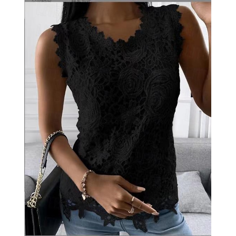 Women's Camisole Tank Top Eyelet top White Lace Shirt Women's Black White Pink Solid Color Lace Street Daily Fashion Round Neck S3