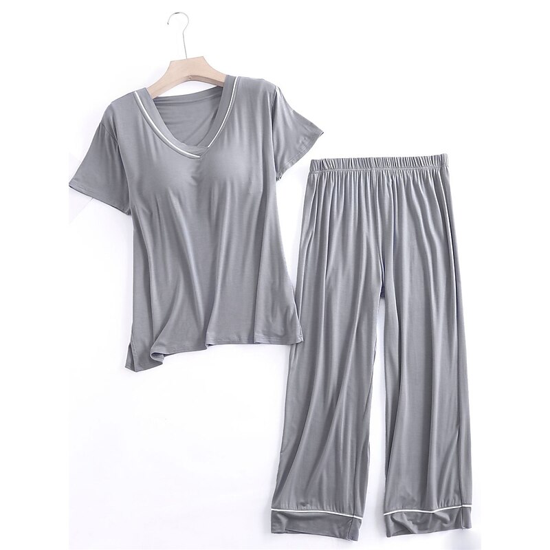 Women's Pajamas Sets Pure Color Fashion Simple Comfort Home Daily Bed Modal Breathable V Wire Short Sleeve T shirt Tee Pant Chest pads Summer Home Outfits3