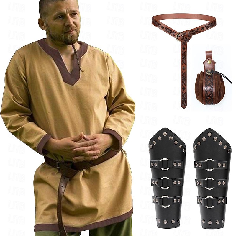 Retro Vintage Medieval Renaissance Blouse / Shirt Armor Waist Belt Pirate Warrior Knight Ritter Solid Color Fancy Dress Men's Viking Fantasy Halloween Carnival Masquerade Halloween Masquerade LARP3