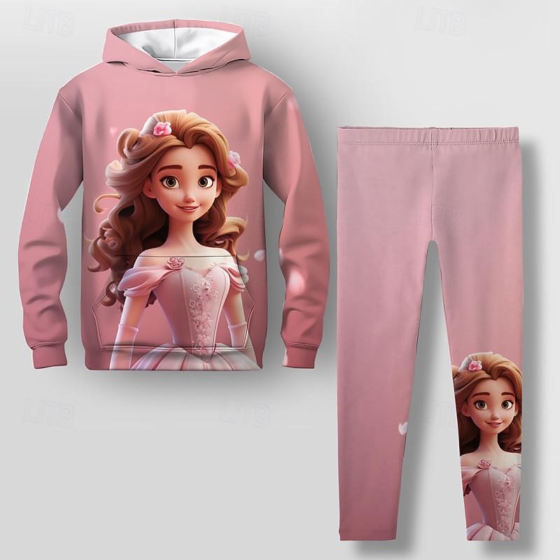 Girls' 3D Cartoon Hoodie & Legging Set Pink Long Sleeve 3D Print Spring Fall Active Fashion Daily Kids 3-12 Years Hooded Outdoor Vacation Date Regular Fit2