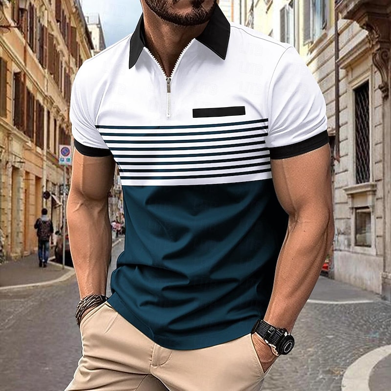 Male Polo Shirt Knit Polo Casual Date Lapel Short Sleeves Fashion Plaid / Striped / Chevron / Round Printing Knitting Summer Dry-Fit White Pink Red Orange Green Apricot Polo Shirt