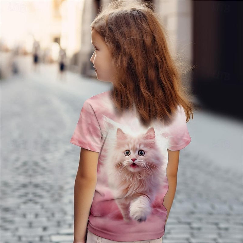 Girls' 3D Cat Tee Shirts Pink Short Sleeve 3D Print Summer Active Fashion Cute Polyester Kids 3-12 Years Crew Neck Outdoor Casual Daily Regular Fit2