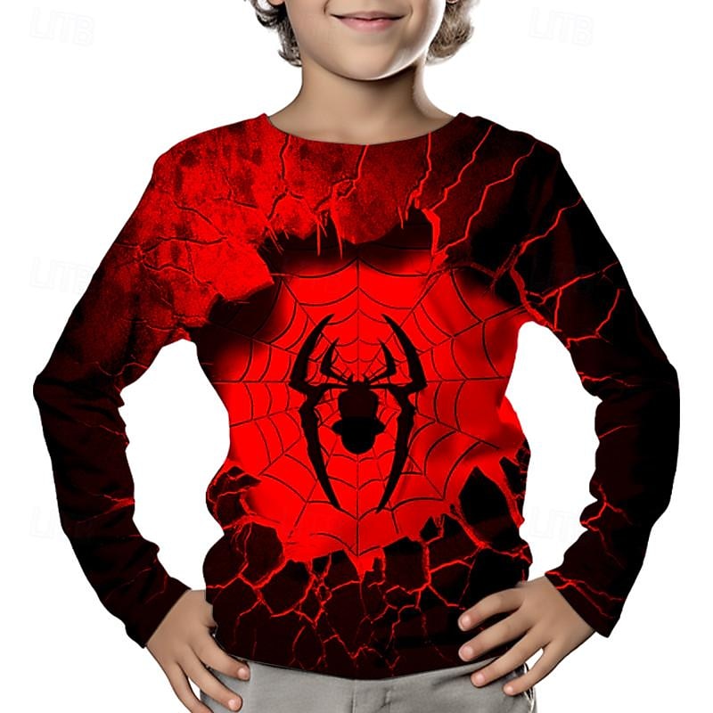 Boys 3D Spider Tee Shirts Long Sleeve 3D Print Spring Fall Sports Fashion Streetwear Kids 3-12 Years Crew Neck Outdoor Casual Daily Regular Fit