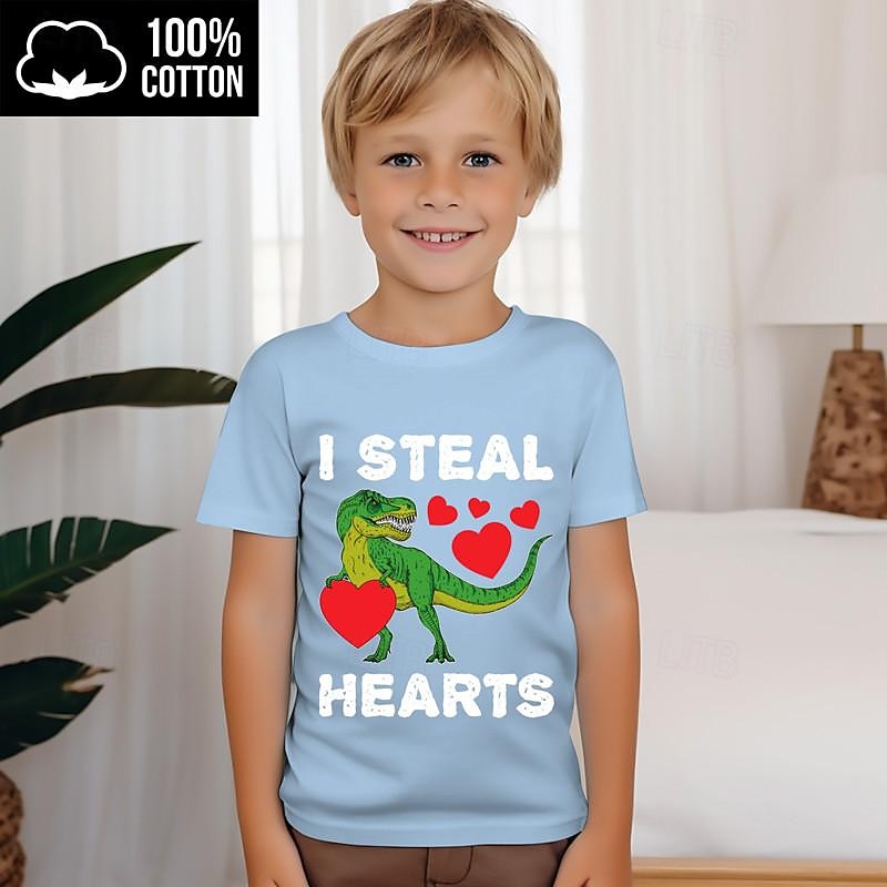 Valentines Boys 3D Heart Dinosaur Letter Tee Shirts Short Sleeve 3D Print Summer Active Sports Fashion 100% Cotton Kids 3-12 Years 4-12 Years Crew Neck Outdoor Casual Daily Regular Fit3