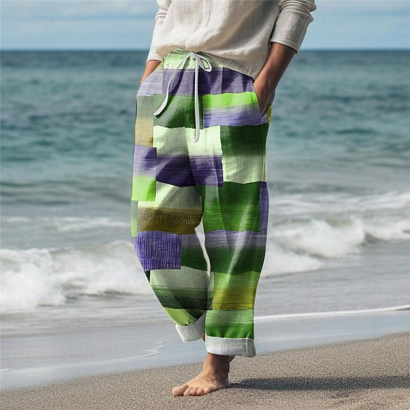 Color Block Plaid Men's Resort 3D Printed Casual Pants Trousers Elastic Waist Drawstring Loose Fit Straight-Leg Summer Beach Pants S TO 3XL4