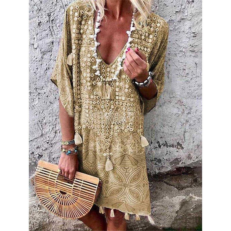 Women's Mini Dress Petite Dress Vintage Dress Casual Dress Boho Chic Dresses Boho Dress Bohemia Ethnic Vacation Holiday Loose Fit Geometric Tribal Half Sleeve V Neck Pink Wine Green Khaki Summer4