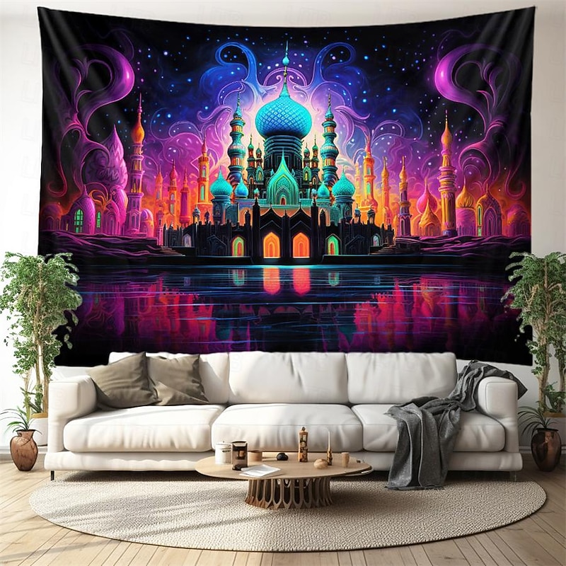 Ramadan Mosque Blacklight Tapestry UV Reactive Glow in the Dark Trippy Misty Nature Landscape Hanging Tapestry Wall Art Mural for Living Room Bedroom