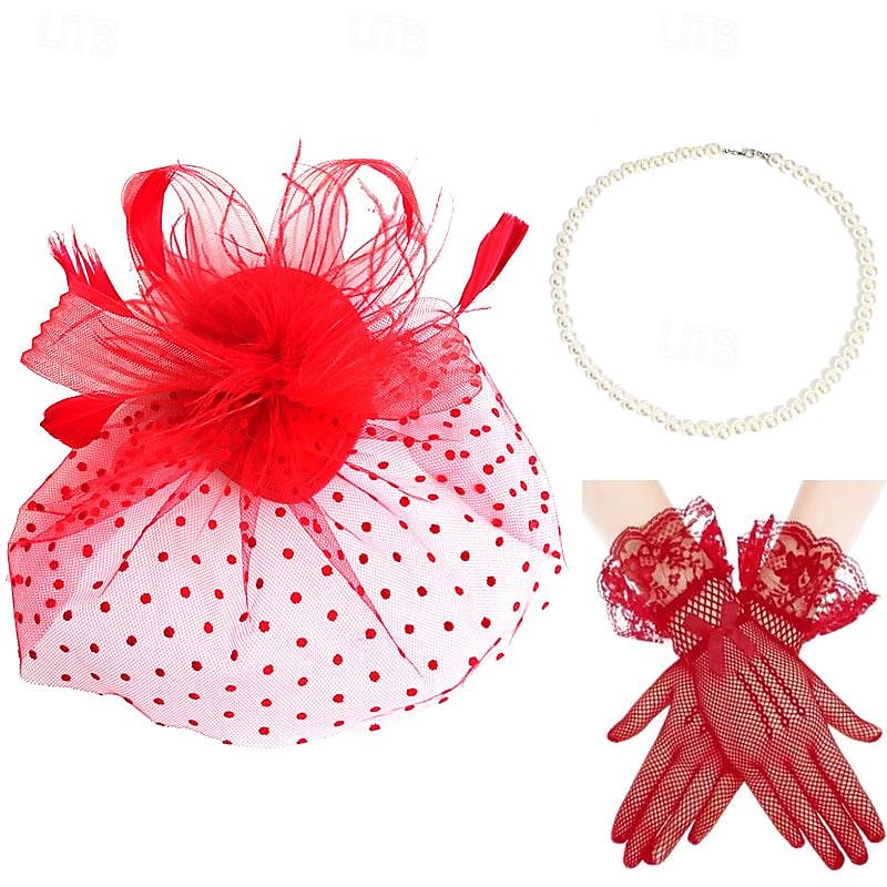 Retro Vintage 1950s 1920s Headpiece Party Costume Fascinator Hat Fancy Dress Women's Masquerade Vacation Event / Party Date Adults' Gloves Necklace Hat All Seasons3