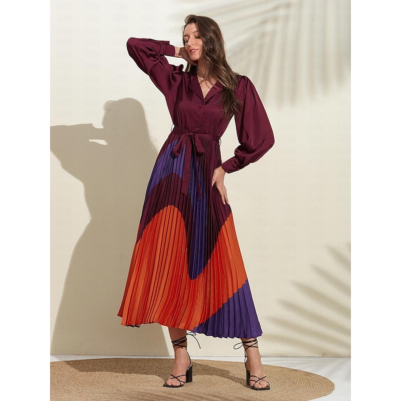 Women's Satin Dress Hem Maxi Purple Long Sleeve Geometic Buttons Tie Belt Spring V Neck Maxi Dress S M L