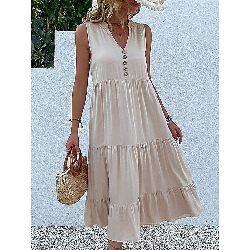 Women's Casual Dress Midi Dress Cotton Ruffle Button Basic V Neck Sleeveless Black Pink Green Color2