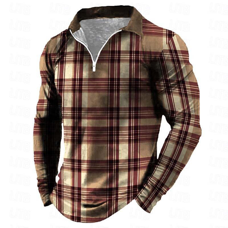 Men's Plaid Zip Polo Shirts Golf Shirt Long Sleeve Polo Shirts Collared Shirts Vintage Casual Vacation Wear Formal Wear Festival Wear 3D Print Quarter Zip Polo Spring Pink Purple Khaki