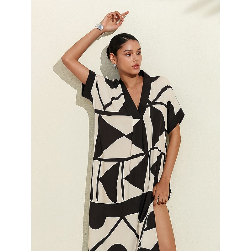 Women's White Short Sleeve Geometric Black and White Geometrical V Neck Loose Fit Double Slit Spring & Summer Spring and Summer Geometric Pattern Comfortable Loose Vacation S M L3
