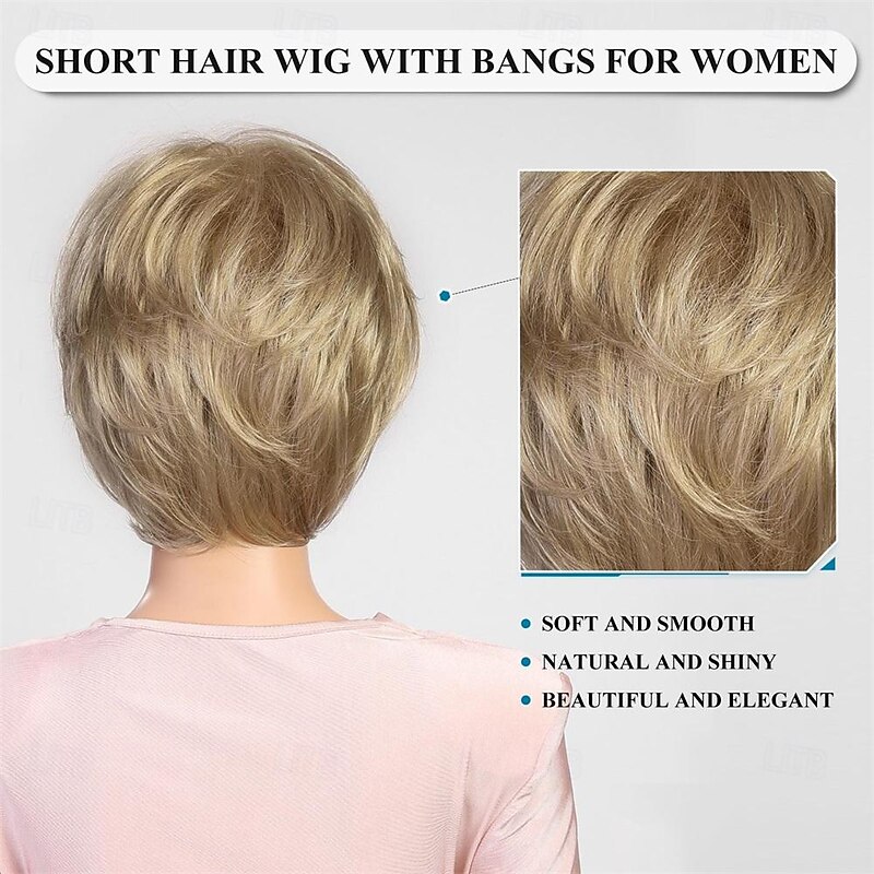 Short Ash Blonde Wig with BangsPixie Cut Layered Wigs for Women Healthy Memory Synthetic FiberGlueless Wigs Fluffy Natural Daily Use4