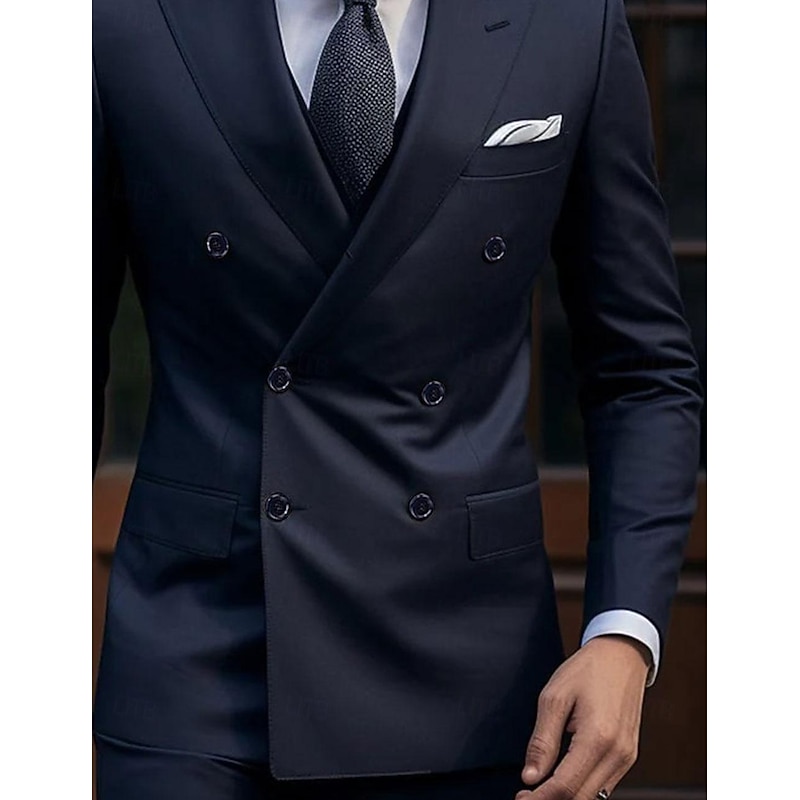 Men's Wedding Suits Peak Dark Blue Daily Business Solid Colored Tailored Fit 2 Piece Double Breasted Six-buttons3