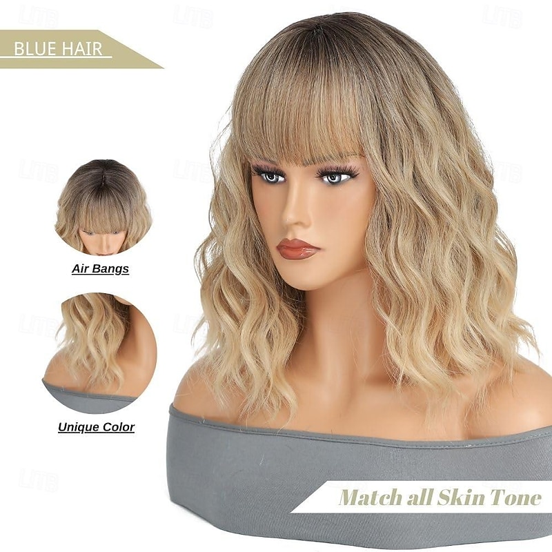 Ombre Blonde Wig with Bangs Short Bob Wavy Wig with Bangs for Women Loose Curly Shoulder Length Wig Synthetic Wig Cosplay Wig for Girl Daily Use Colorful Wig Cosplay Wigs 14 Inch4