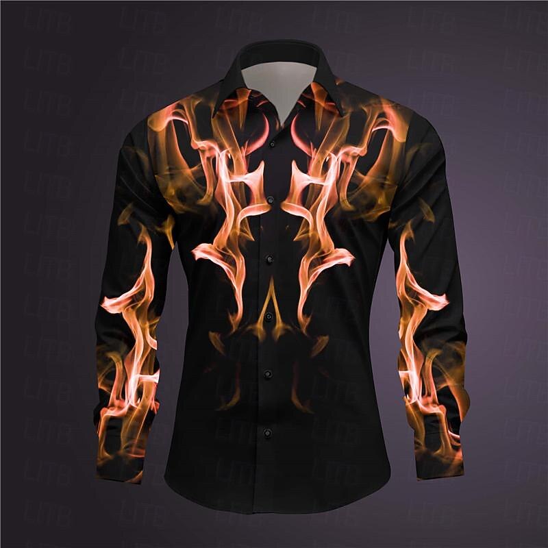 Men's Geometric Pattern Fire Shirt Button Up Shirt Long Sleeve Abstract Subcultural Daily Wear Going out Spring Turndown Print Button-Down Dark Red Yellow Pink Royal Blue Blue3