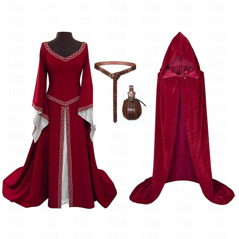 Medieval Renaissance Cocktail Dress Waist Belt Prom Dress Hooded Cloak Viking Outlander Elven Fancy Dress Women's Celtic Fantasy Royal Halloween Carnival Masquerade Party Festival Adults' Coat Dress3