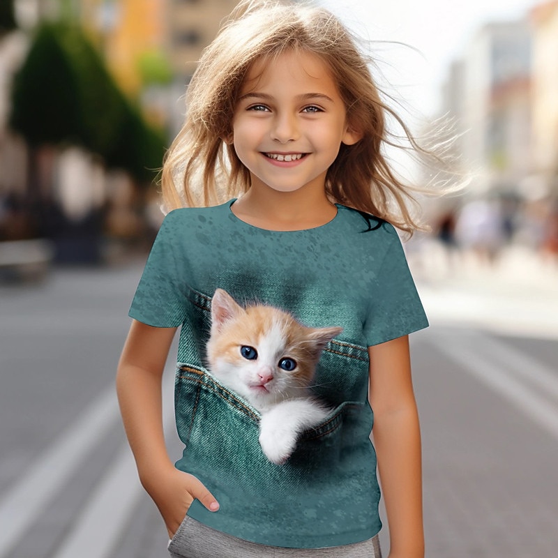 Girls' 3D Cat Tee Shirts Short Sleeve 3D Print Summer Active Fashion Cute Kids 3-12 Years Crew Neck Outdoor Casual Daily Regular Fit4
