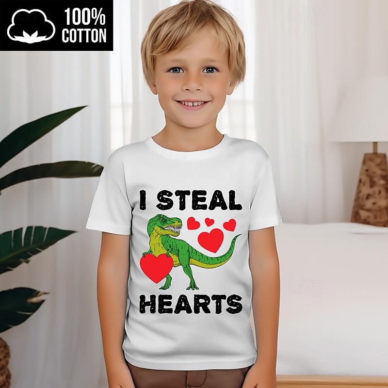 Valentines Boys 3D Heart Dinosaur Letter Tee Shirts Short Sleeve 3D Print Summer Active Sports Fashion 100% Cotton Kids 3-12 Years 4-12 Years Crew Neck Outdoor Casual Daily Regular Fit4