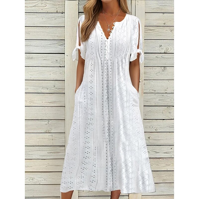 Women's Midi Dress A Line Dress Summer Dress Boho Dress Pleated Dress Elegant Fashion Modern Outdoor Vacation Daily Loose Fit Plain Short Sleeve V Neck White Pink Blue Green Summer Spring