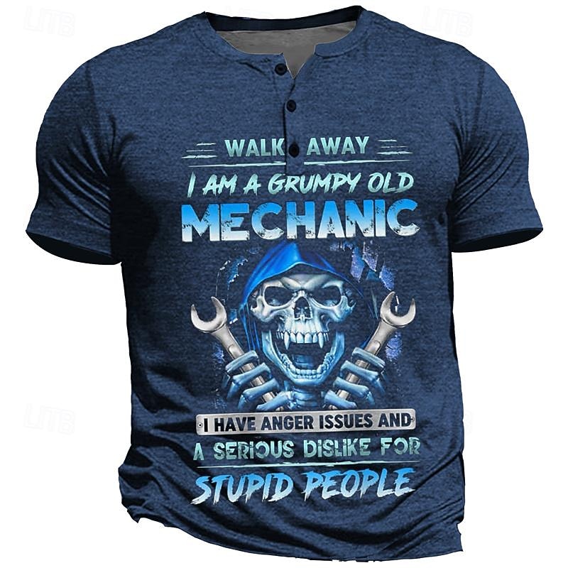 Grumpy Mechanic Skulls Men's Punk Style 3D Printed Henley T shirt Tee Street Holiday Going out T shirt Army Green Dark Blue Dark Gray Short Sleeve Henley Shirt Spring & Summer