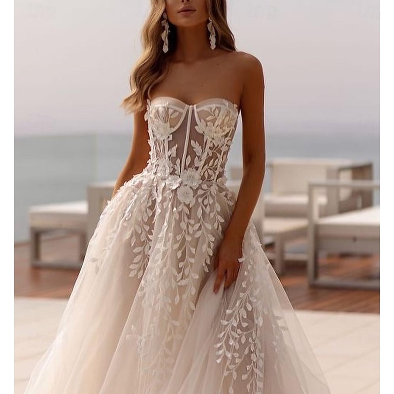 Beach Open Back Formal Wedding Dresses Ball Gown Sweetheart Sleeveless Sweep / Brush Train Tulle Bridal Gowns With Appliques Solid Color3