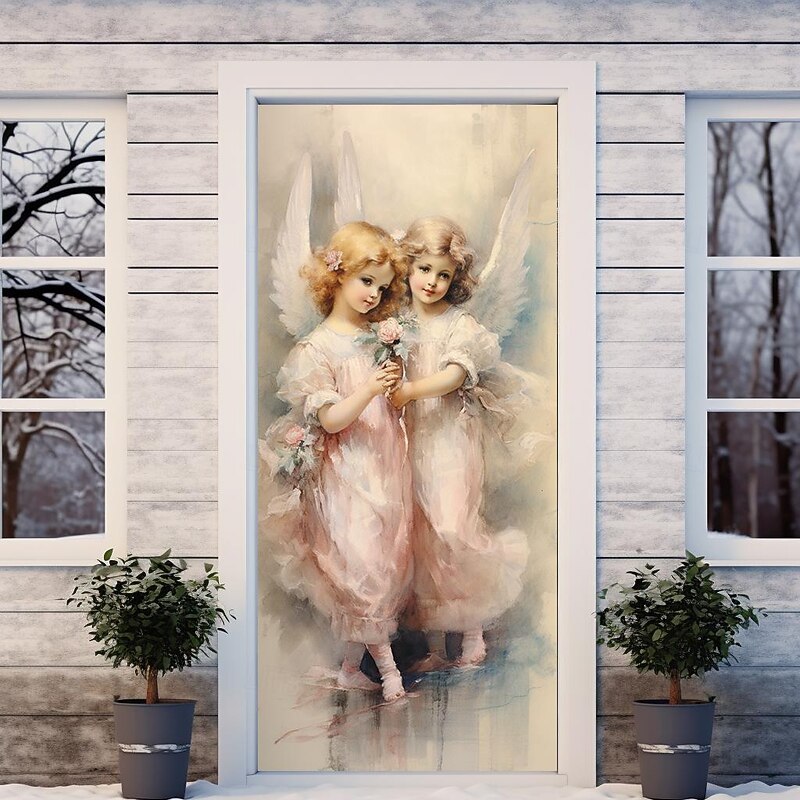 Painting Angels Door Covers Door Tapestry Door Curtain Decoration Backdrop Door Banner for Front Door Farmhouse Holiday Party Decor Supplies4