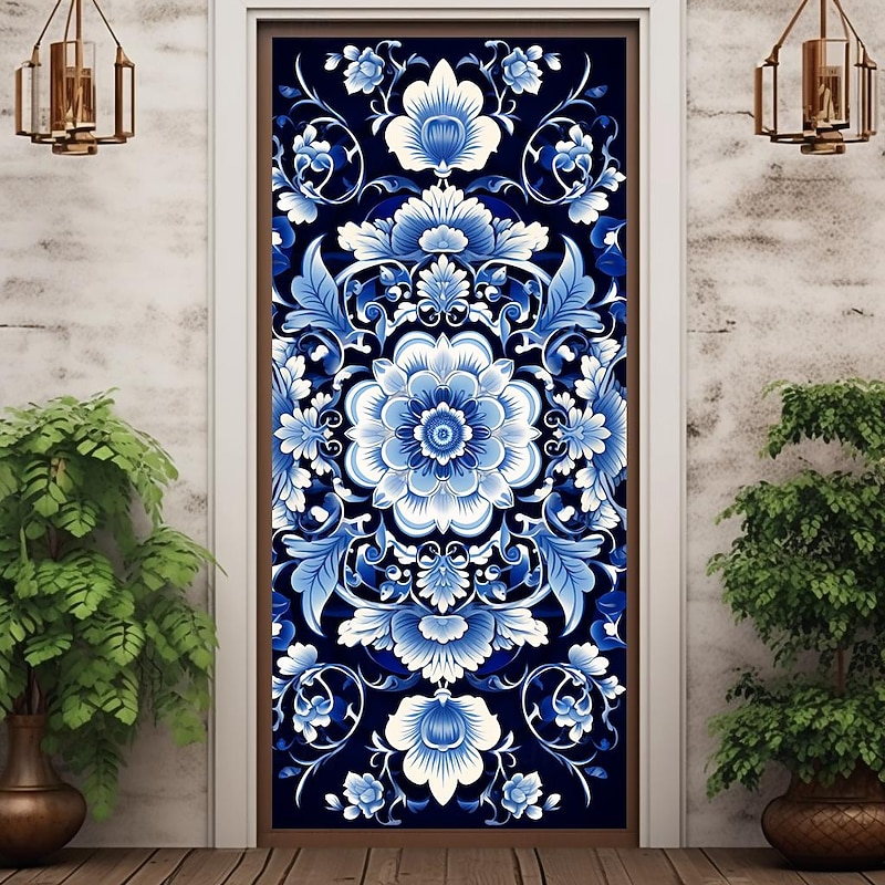 Blue Sketch Flowers Door Covers Door Tapestry Door Curtain Decoration Backdrop Door Banner for Front Door Farmhouse Holiday Party Decor Supplies