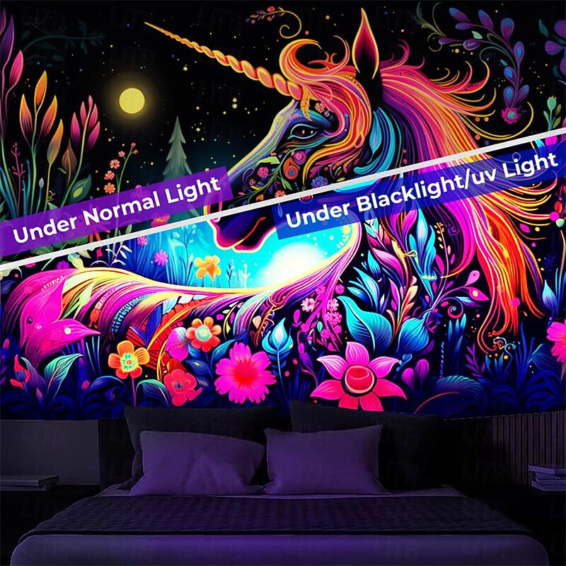 Blacklight Tapestry UV Reactive Glow in the Dark Glow Party Neon Unicorn Animal Psychedelic Trippy Misty Hanging Tapestry Wall Art Mural for Living Room Bedroom2
