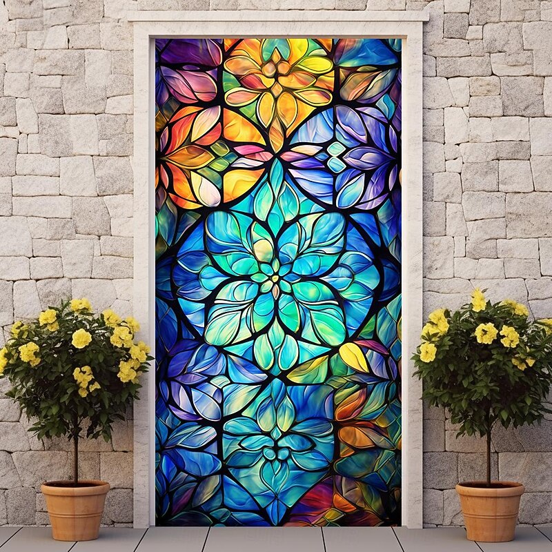 Stained Glass Lucky Clover Door Covers Mural Decor Door Tapestry Door Curtain Decoration Backdrop Door Banner Removable for Front Door Indoor Outdoor Home Room Decoration Farmhouse Decor Supplies3