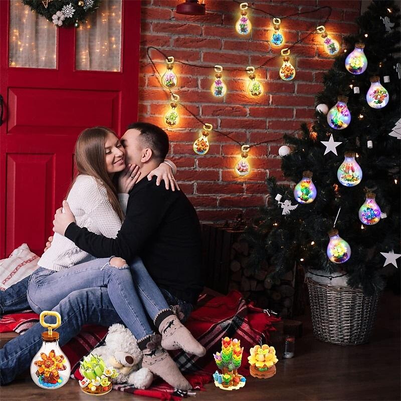 Women's Day Gifts Succulents in Bulbs Building Block Set with 2 LED String Lights DIY 3 Adjustable Flash Speeds Women's Day Mother's Day Gifts for Girls Mother's Day Gifts for MoM2
